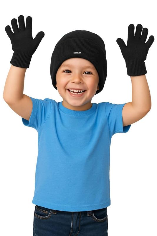 KETKAR Kids Winter Beanie & Gloves Set – Soft Knit Warm Cap with Matching Gloves for Boys & Girls | Cozy Winter Wear for Kids (Black, Age 2-5 Years) – Pack of 1 - Image 1