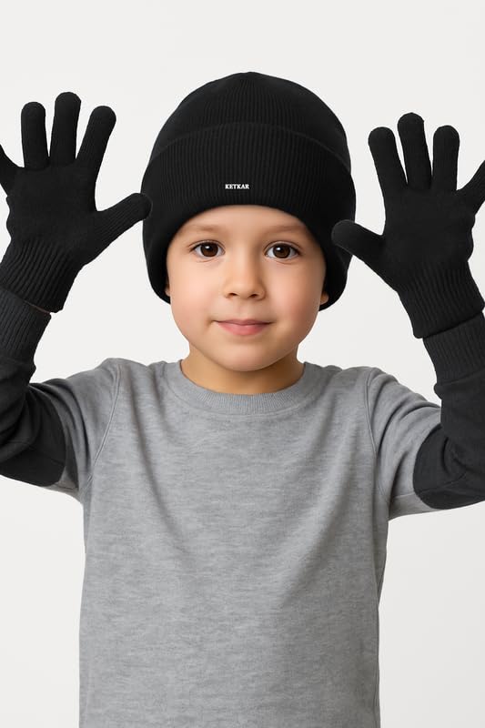 KETKAR Kids Winter Beanie & Gloves Set – Soft Knit Warm Cap with Matching Gloves for Boys & Girls | Cozy Winter Wear for Kids (Black, Age 2-5 Years) – Pack of 1 - Image 4