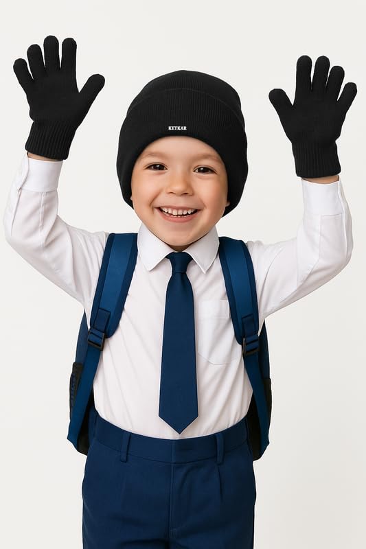 KETKAR Kids Winter Beanie & Gloves Set – Soft Knit Warm Cap with Matching Gloves for Boys & Girls | Cozy Winter Wear for Kids (Black, Age 2-5 Years) – Pack of 1 - Image 3