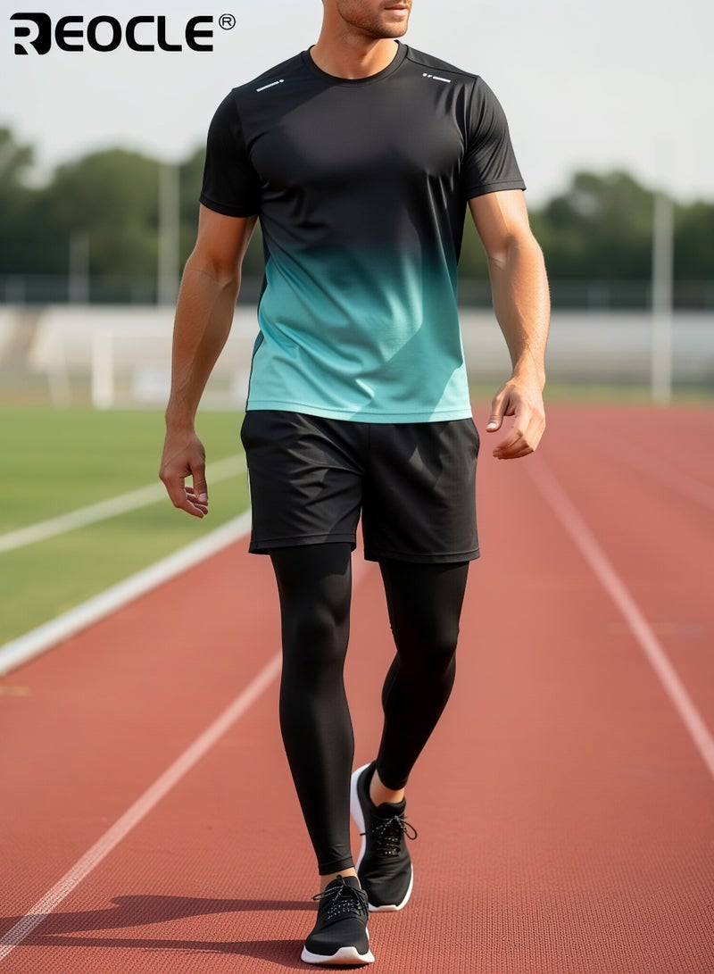 REOCLE 3PCS Men's Fitness Set Athletic Shorts Short Sleeve Shirt and Base Layer Pants Polyester Blend Summer Sportswear for Running and Training Workout Apparel Gym Clothes for Men - Image 2