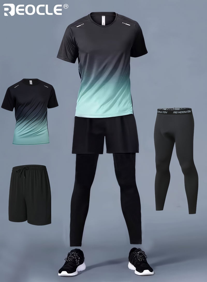 REOCLE 3PCS Men's Fitness Set Athletic Shorts Short Sleeve Shirt and Base Layer Pants Polyester Blend Summer Sportswear for Running and Training Workout Apparel Gym Clothes for Men - Image 1