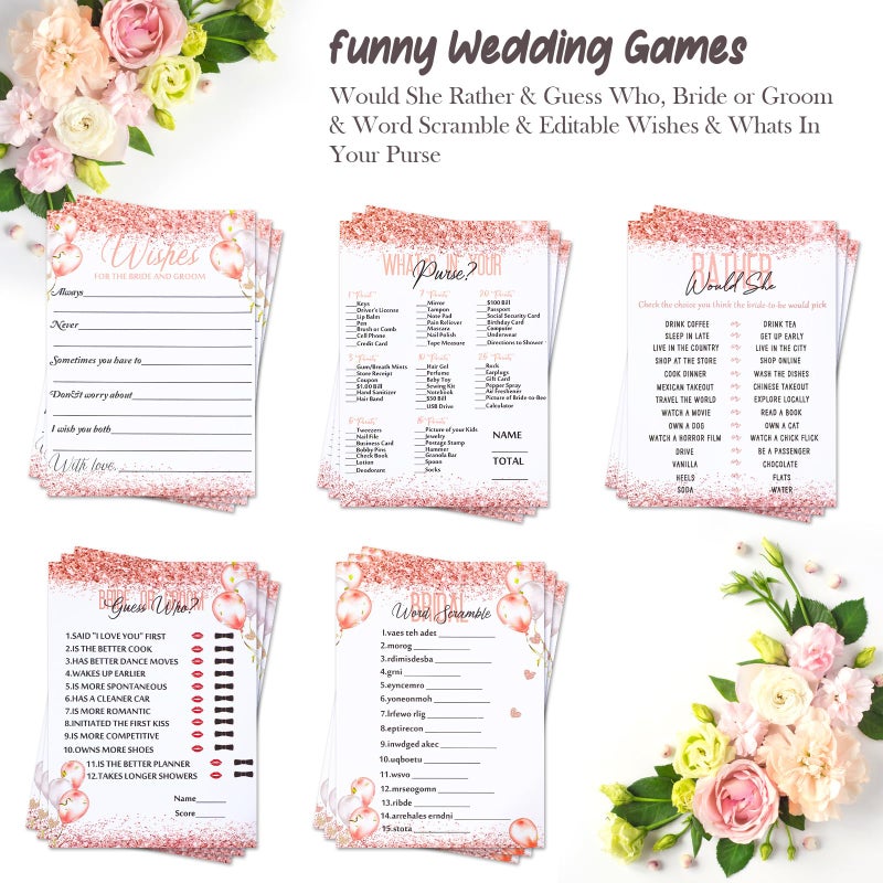 Maxdot 220 Pieces Bridal Shower Game Set 5 Sets (40 Cards Each) Wedding Game Cards and 20 Pieces Pencils Printed Words Editable Bride Groom Wedding Bachelorette Engagement Party Supplies(Pink Balloon) - Image 3