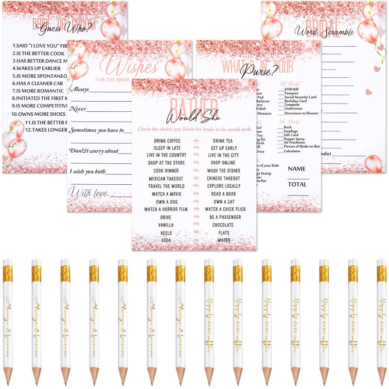 Maxdot 220 Pieces Bridal Shower Game Set 5 Sets (40 Cards Each) Wedding Game Cards and 20 Pieces Pencils Printed Words Editable Bride Groom Wedding Bachelorette Engagement Party Supplies(Pink Balloon) - Image 1