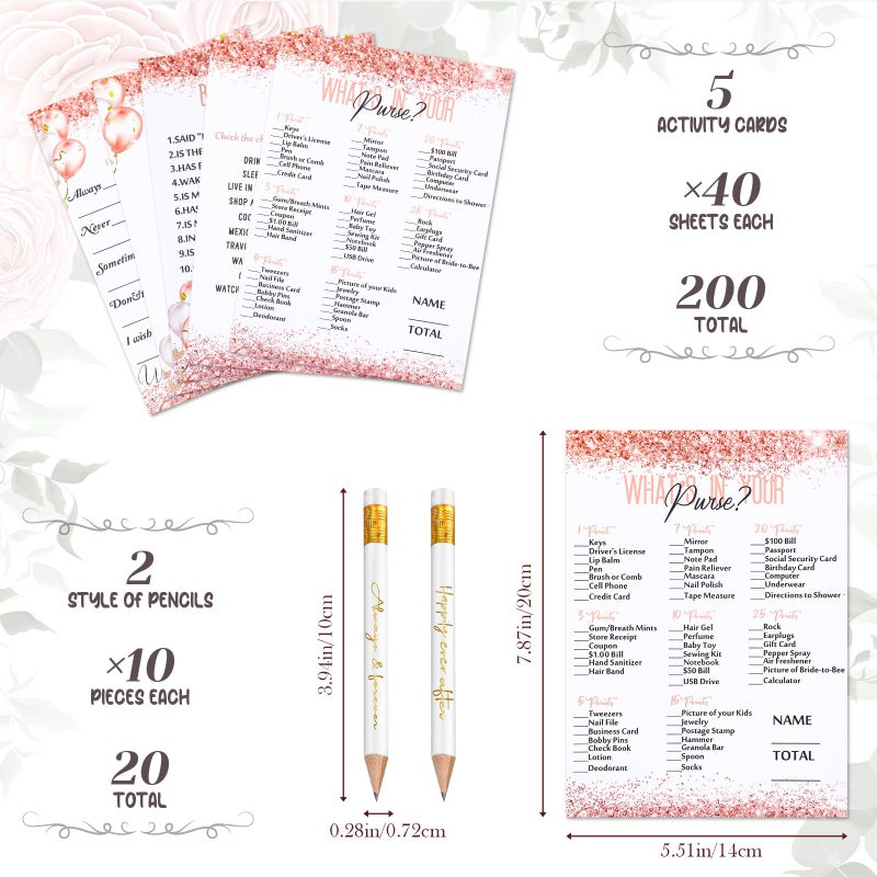 Maxdot 220 Pieces Bridal Shower Game Set 5 Sets (40 Cards Each) Wedding Game Cards and 20 Pieces Pencils Printed Words Editable Bride Groom Wedding Bachelorette Engagement Party Supplies(Pink Balloon) - Image 2