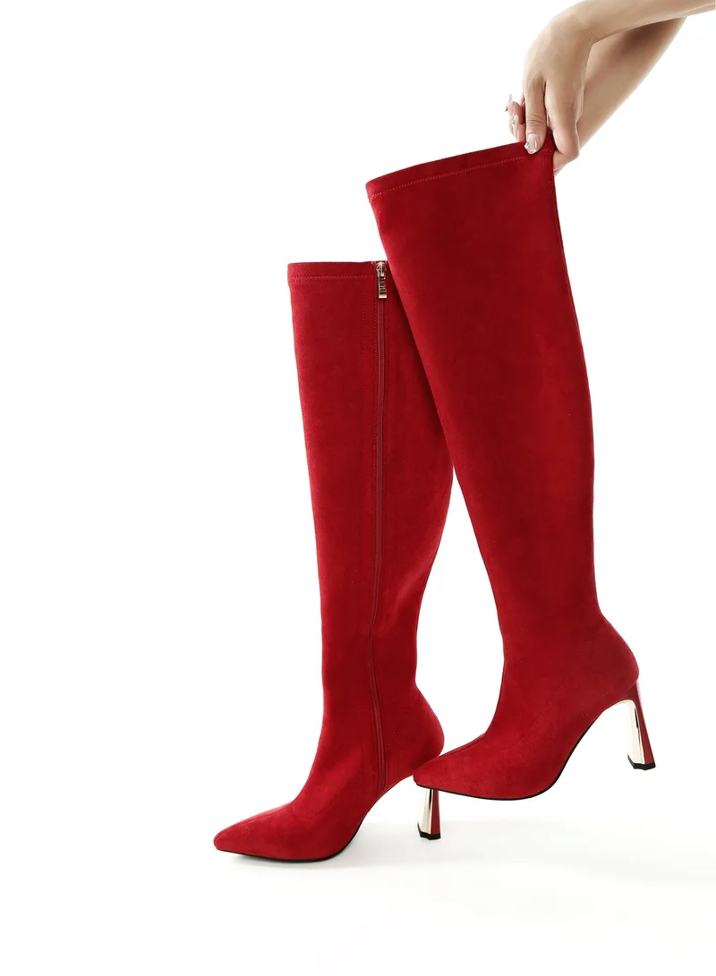 London Rag Slim Block Heel Long Boots in Red
