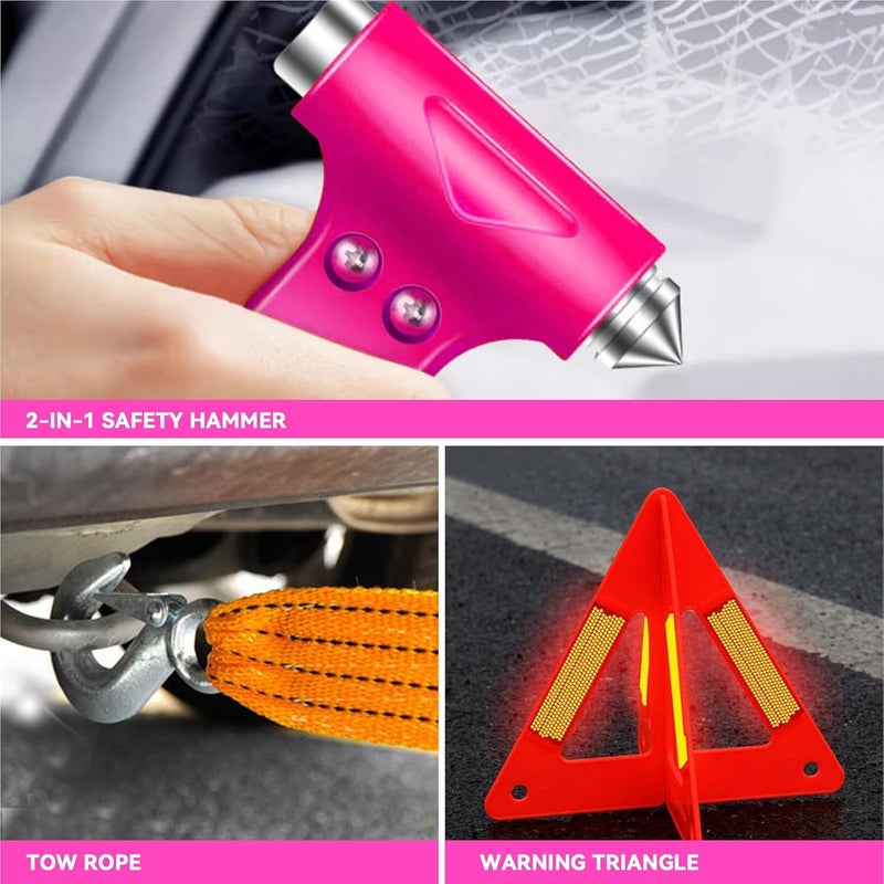 Kitgo Pink Car Emergency Kit for Women & Girls - Roadside Assistance Set with Jumper Cables, First Aid Kit, Safety Hammer, and Tow Rope - Image 5