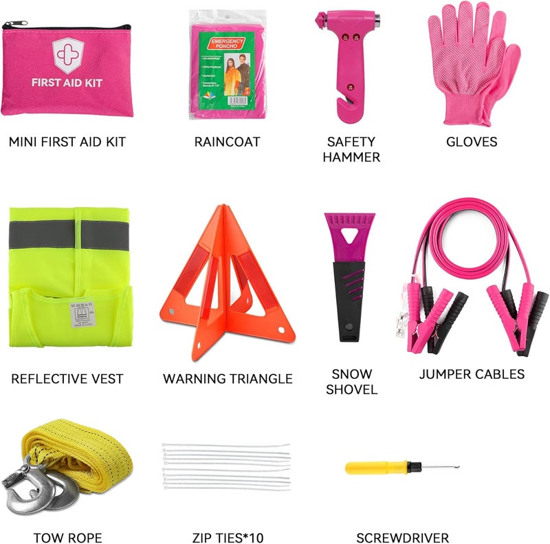 Kitgo Pink Car Emergency Kit for Women & Girls - Roadside Assistance Set with Jumper Cables, First Aid Kit, Safety Hammer, and Tow Rope - Image 2