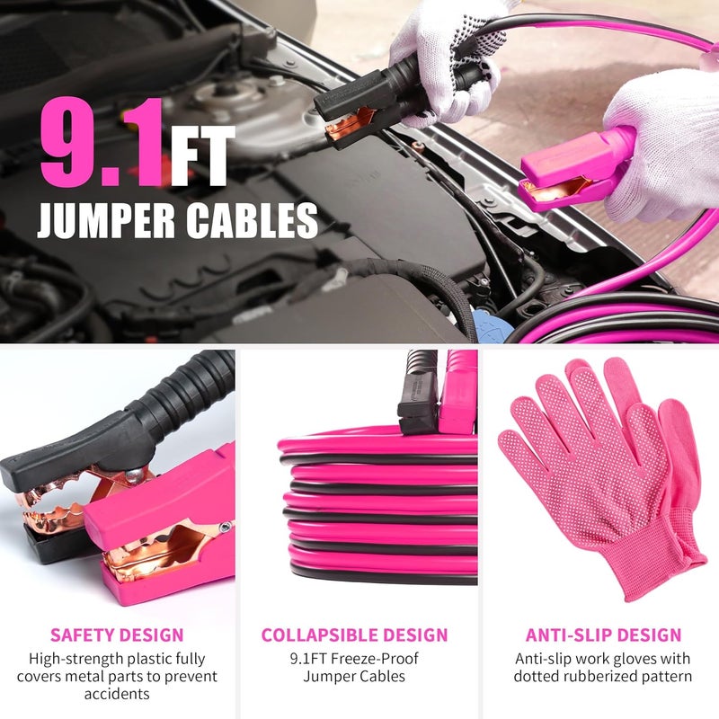 Kitgo Pink Car Emergency Kit for Women & Girls - Roadside Assistance Set with Jumper Cables, First Aid Kit, Safety Hammer, and Tow Rope - Image 4