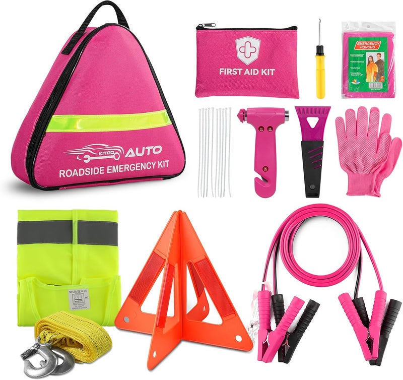 Kitgo Pink Car Emergency Kit for Women & Girls - Roadside Assistance Set with Jumper Cables, First Aid Kit, Safety Hammer, and Tow Rope - Image 1