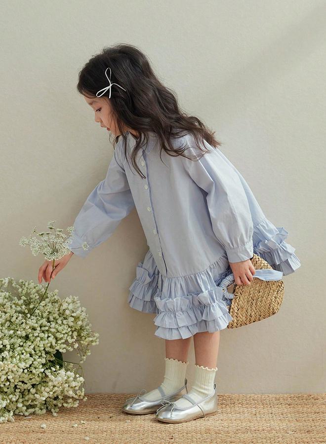 Take Two Girls Blue Cotton Ruffle Hem Knee Length Dress - Image 3