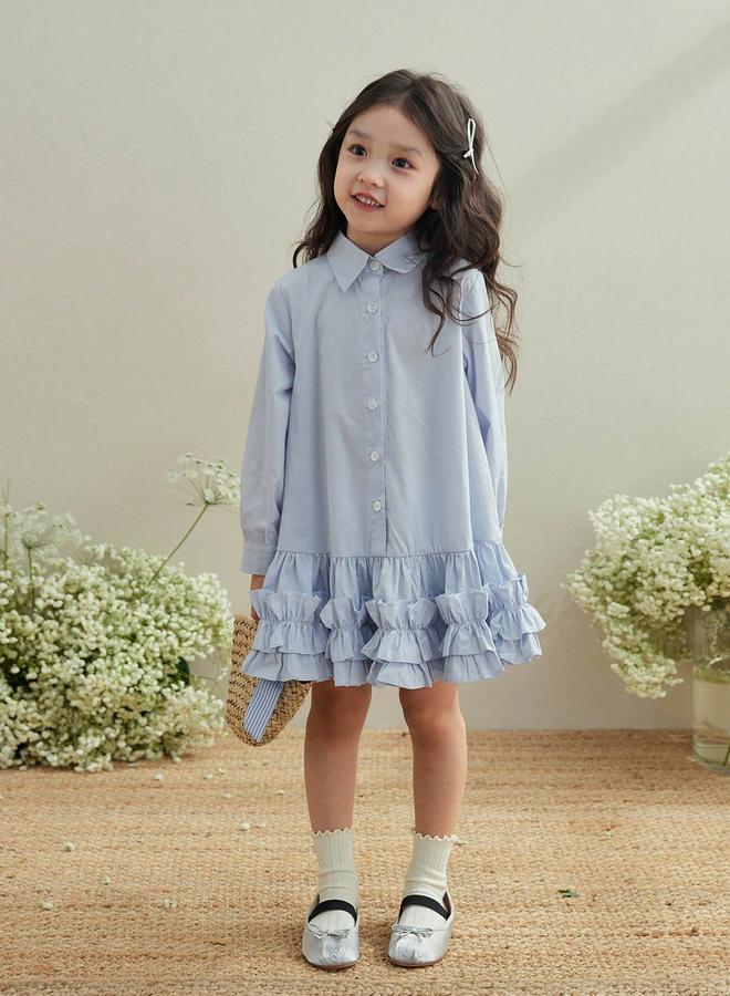 Take Two Girls Blue Cotton Ruffle Hem Knee Length Dress - Image 1