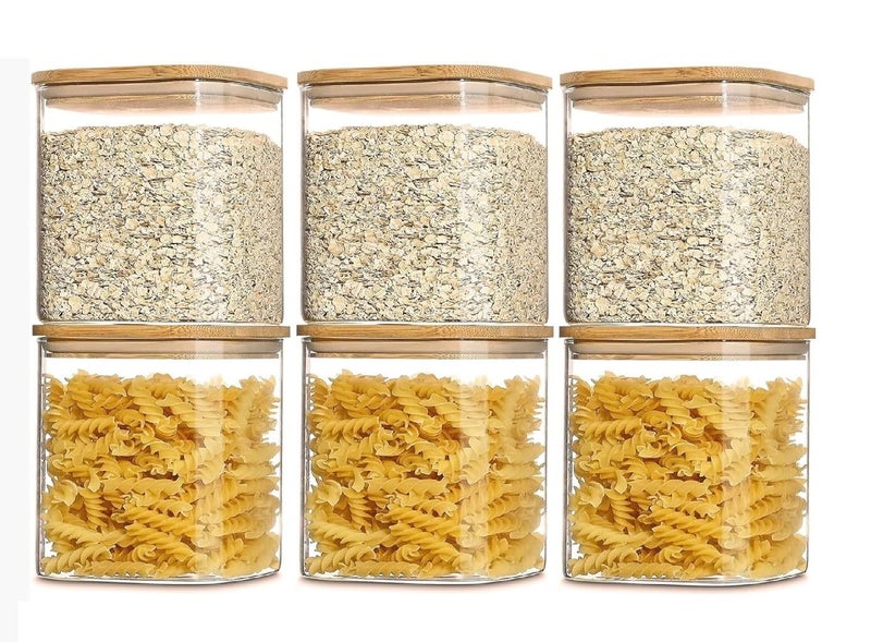 TIENER 750 ML Glass Storage Containers with Lids, Glass Jars with Lids, Clear Food Jar, Square Canister, Pantry Organizers and Storage for Cookie Flour Oat Pasta Tea Coffee Bean (6, SQ BB JAR 750ML) - Image 1