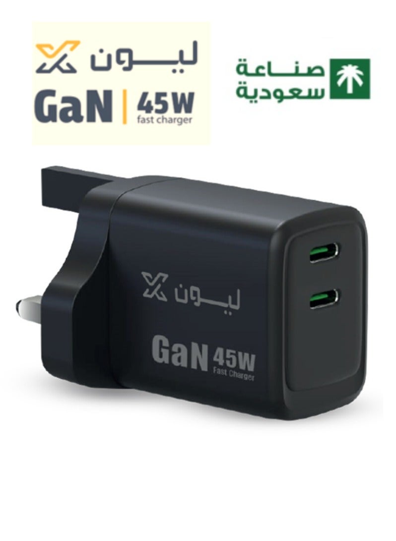 ليون اكس شاحن جداري 45 واط بمنفذين (تايب سي USB-C و USB-A) فيش من ليون اكس | تقنية PD للشحن فائق السرعة 2.0 لآيفون 16/15 وسامسونج جالاكسي S25/S24 ألترا - صناعة سعودية - Image 1