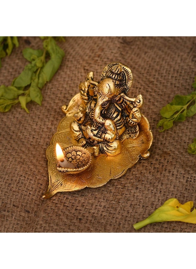 Collectible India Ganesha On Leaf With Diya Metal Hand Craved Decorative Gift For Puja Diwali  - Image 1