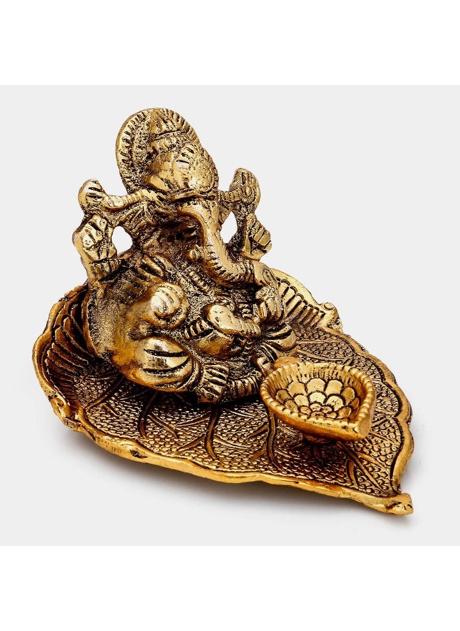 Collectible India Ganesha On Leaf With Diya Metal Hand Craved Decorative Gift For Puja Diwali  - Image 2