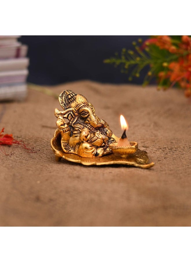 Collectible India Ganesha On Leaf With Diya Metal Hand Craved Decorative Gift For Puja Diwali  - Image 3