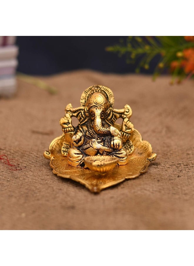 Collectible India Ganesha On Leaf With Diya Metal Hand Craved Decorative Gift For Puja Diwali  - Image 4