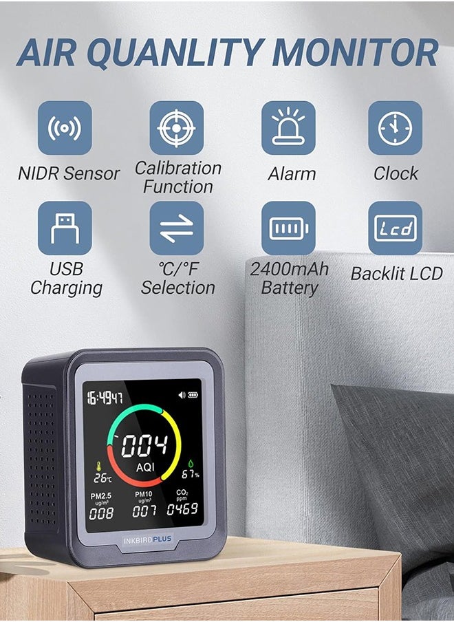 INKBIRD - INKBIRD 6-in-1 Indoor Air Quality Monitor PTH-9A Air Detector Detects CO2, PM2.5, PM10, AQI, Temperature, and Humidity with Alarm for Room Cellar Grow Tents Offices, etc. - Image 1