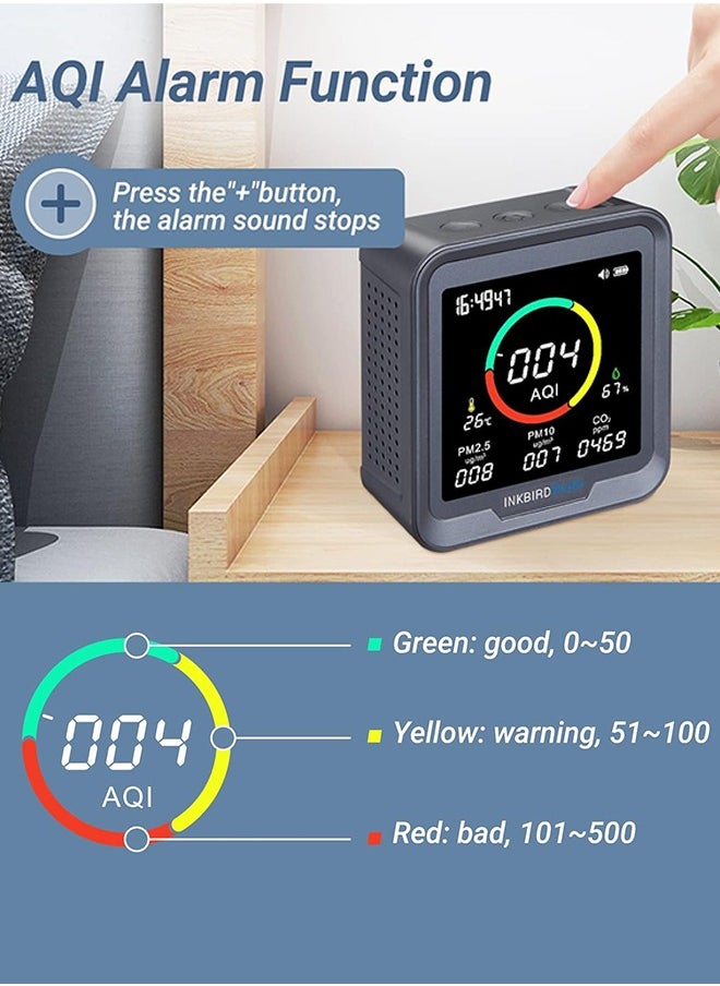 INKBIRD - INKBIRD 6-in-1 Indoor Air Quality Monitor PTH-9A Air Detector Detects CO2, PM2.5, PM10, AQI, Temperature, and Humidity with Alarm for Room Cellar Grow Tents Offices, etc. - Image 1