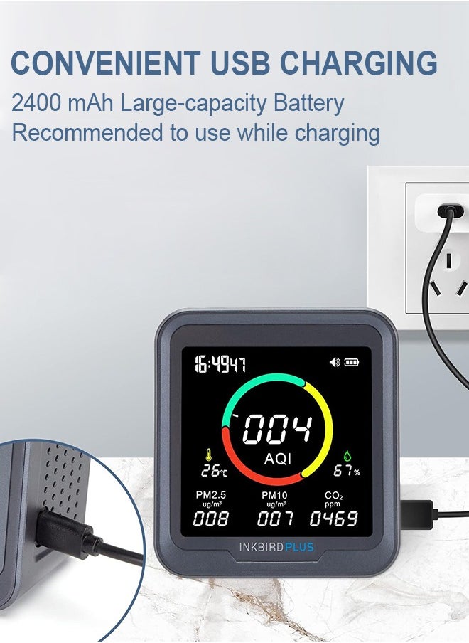 INKBIRD - INKBIRD 6-in-1 Indoor Air Quality Monitor PTH-9A Air Detector Detects CO2, PM2.5, PM10, AQI, Temperature, and Humidity with Alarm for Room Cellar Grow Tents Offices, etc. - Image 1