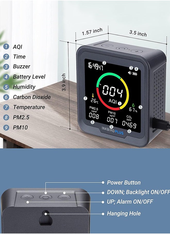 INKBIRD - INKBIRD 6-in-1 Indoor Air Quality Monitor PTH-9A Air Detector Detects CO2, PM2.5, PM10, AQI, Temperature, and Humidity with Alarm for Room Cellar Grow Tents Offices, etc. - Image 1