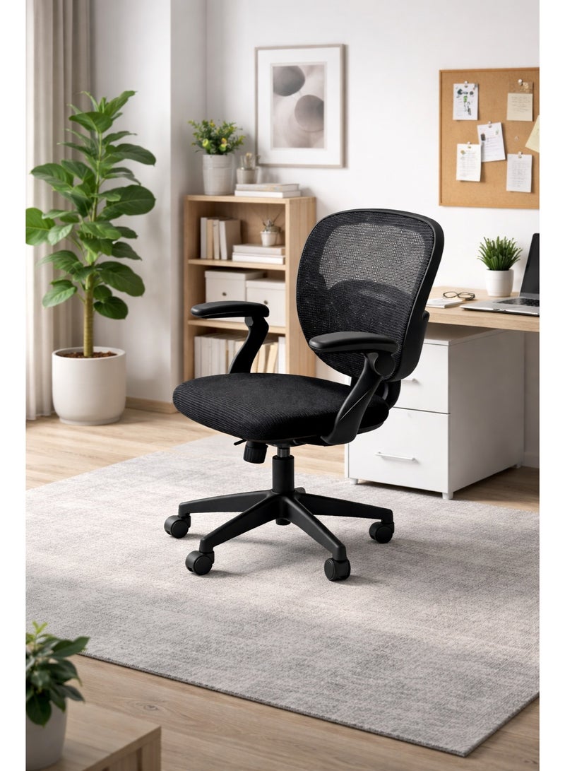 Raqi Modern swivel office chair – soft, comfortable fabric with a caster base – stylish black color - Image 1