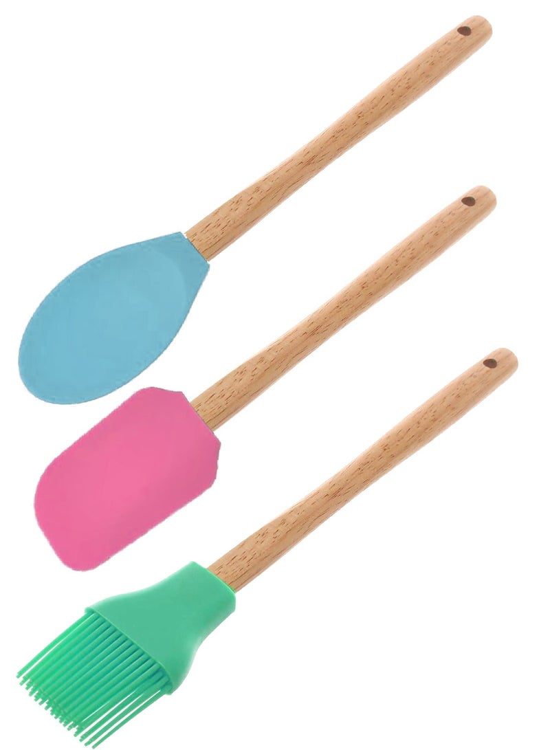 Elegant Home 3-Piece Set Of Silicone Spoon With Wooden Handle  - Image 1