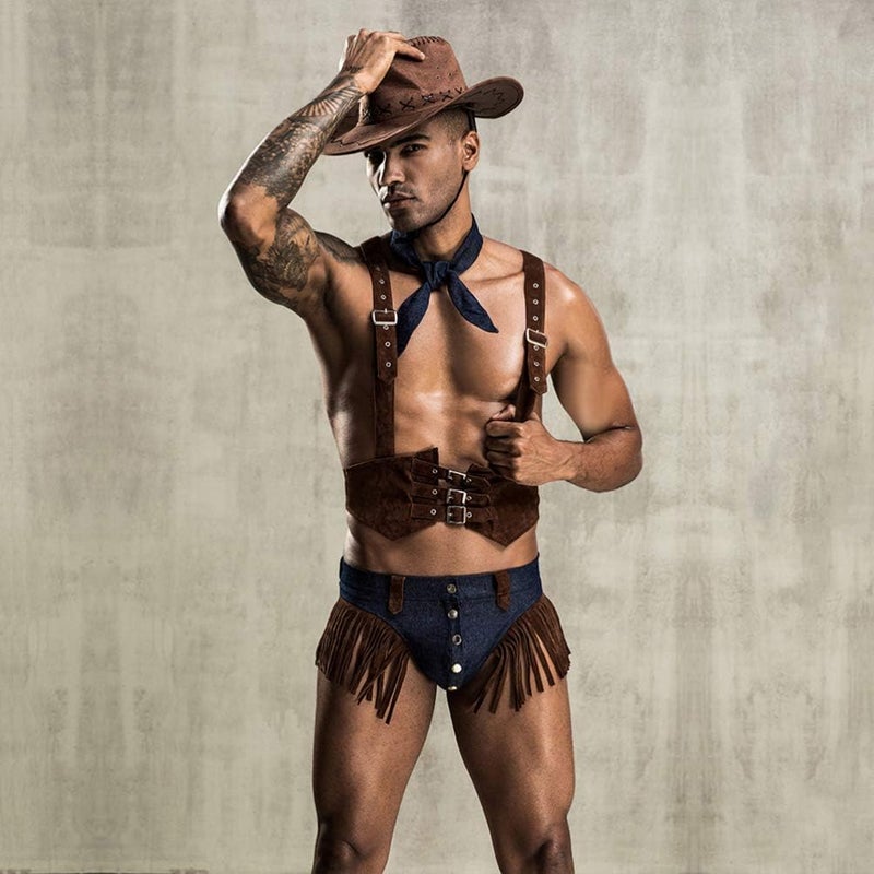 comfrt Mens Sexy Wild West Western Cowboy Costume Cosplay Underwear Lingerie Set (Vest Hat Shorts Scarf) - Image 5