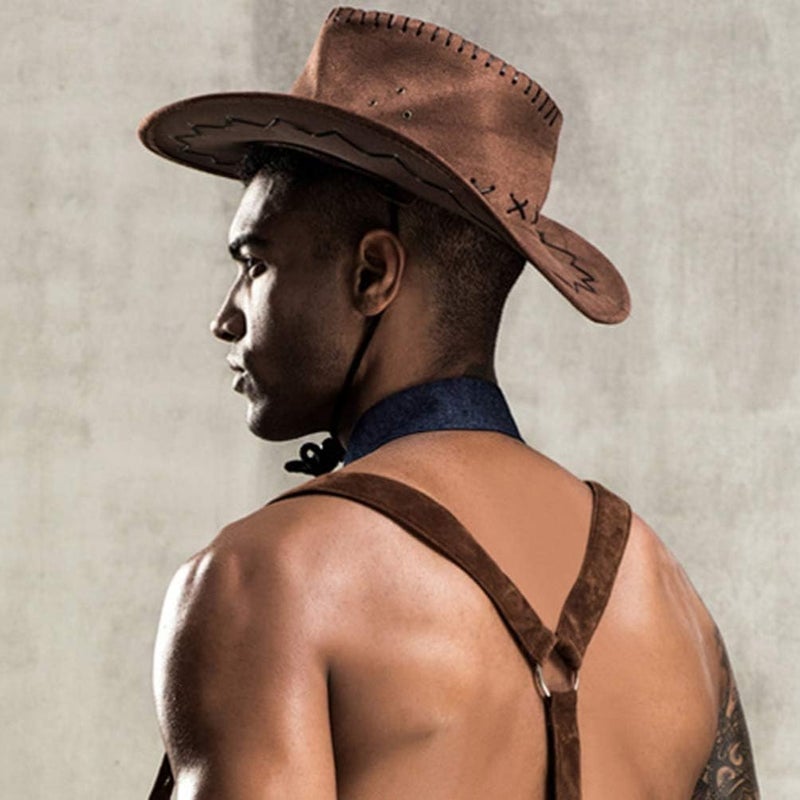 comfrt Mens Sexy Wild West Western Cowboy Costume Cosplay Underwear Lingerie Set (Vest Hat Shorts Scarf) - Image 4