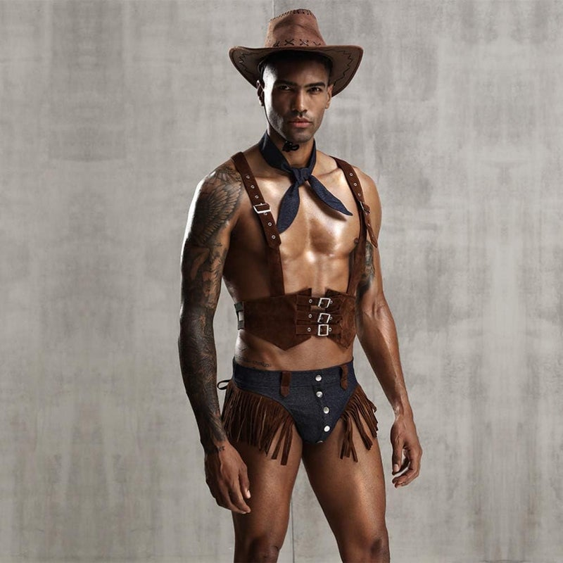 comfrt Mens Sexy Wild West Western Cowboy Costume Cosplay Underwear Lingerie Set (Vest Hat Shorts Scarf) - Image 2
