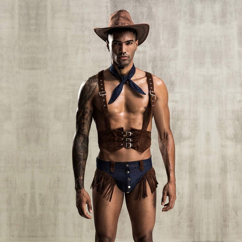 comfrt Mens Sexy Wild West Western Cowboy Costume Cosplay Underwear Lingerie Set (Vest Hat Shorts Scarf) - Image 3