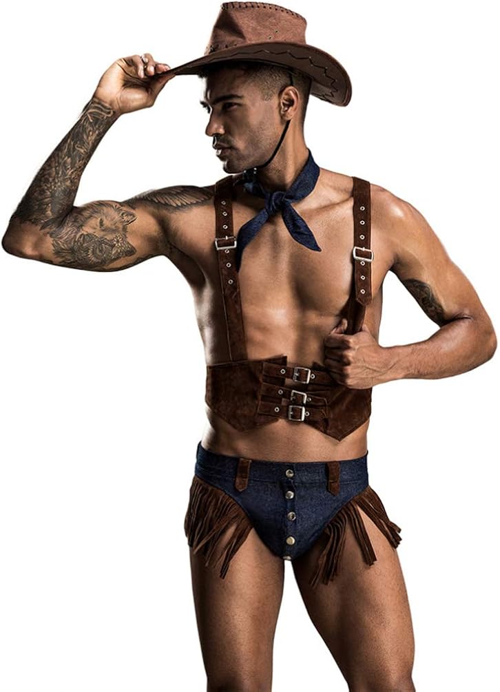 comfrt Mens Sexy Wild West Western Cowboy Costume Cosplay Underwear Lingerie Set (Vest Hat Shorts Scarf) - Image 1