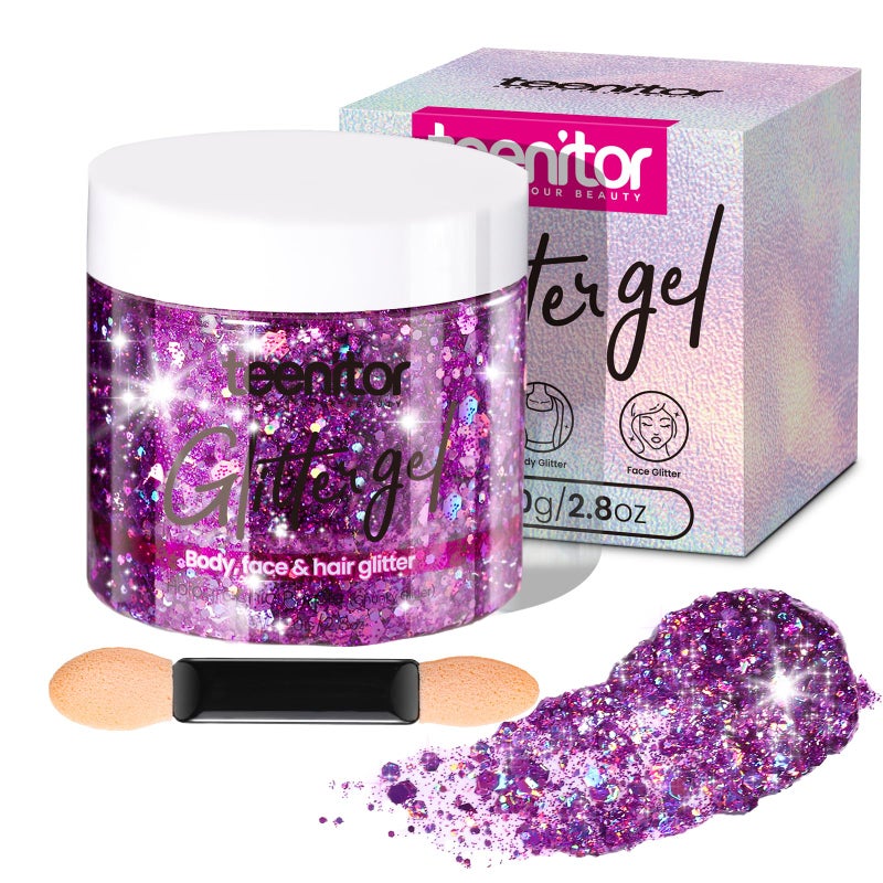 Teenitor Body Glitter, Face Glitter, Hair Glitter Gel, 80g/2.8oz Makeup Rave Purple Glitter Gel for Face and Body - Image 1