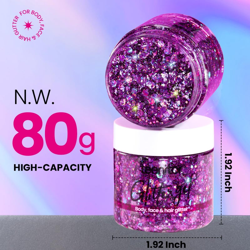 Teenitor Body Glitter, Face Glitter, Hair Glitter Gel, 80g/2.8oz Makeup Rave Purple Glitter Gel for Face and Body - Image 2