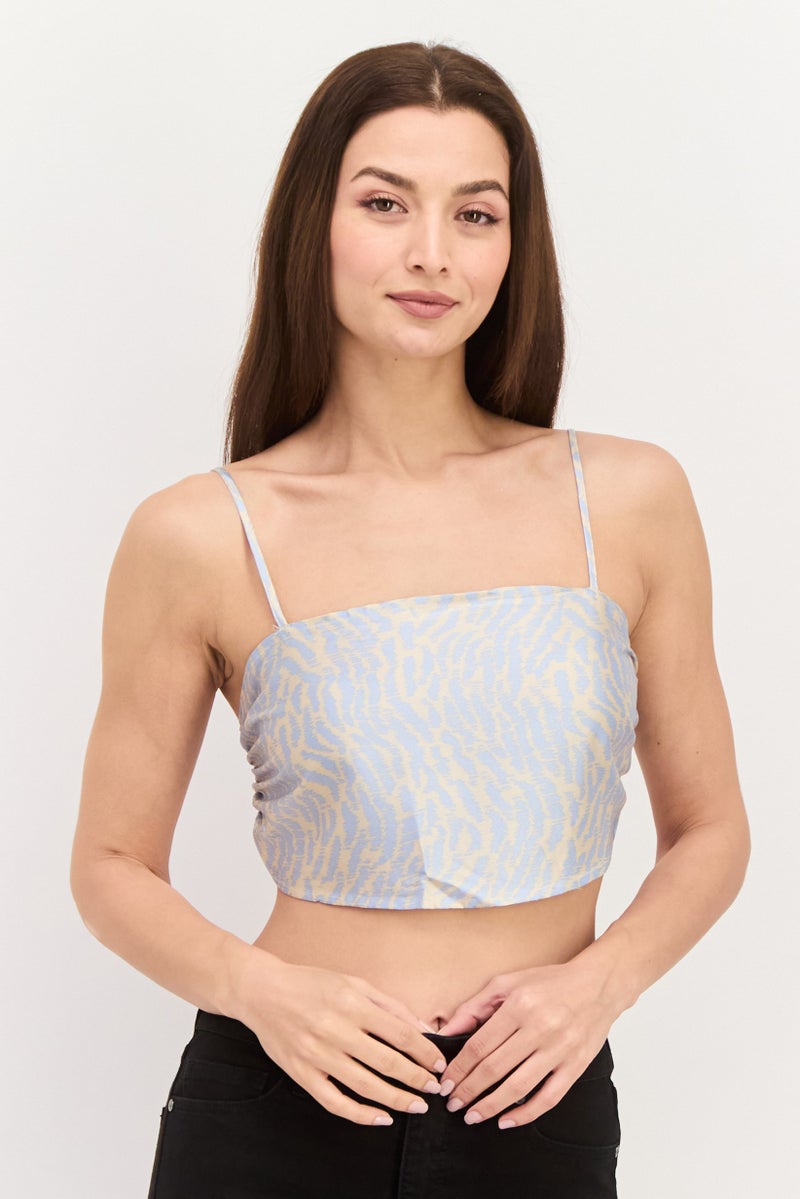 Bardot Women Square Neckline Sleeveless Allover Print Bandana Crop Top, Blue - Image 1