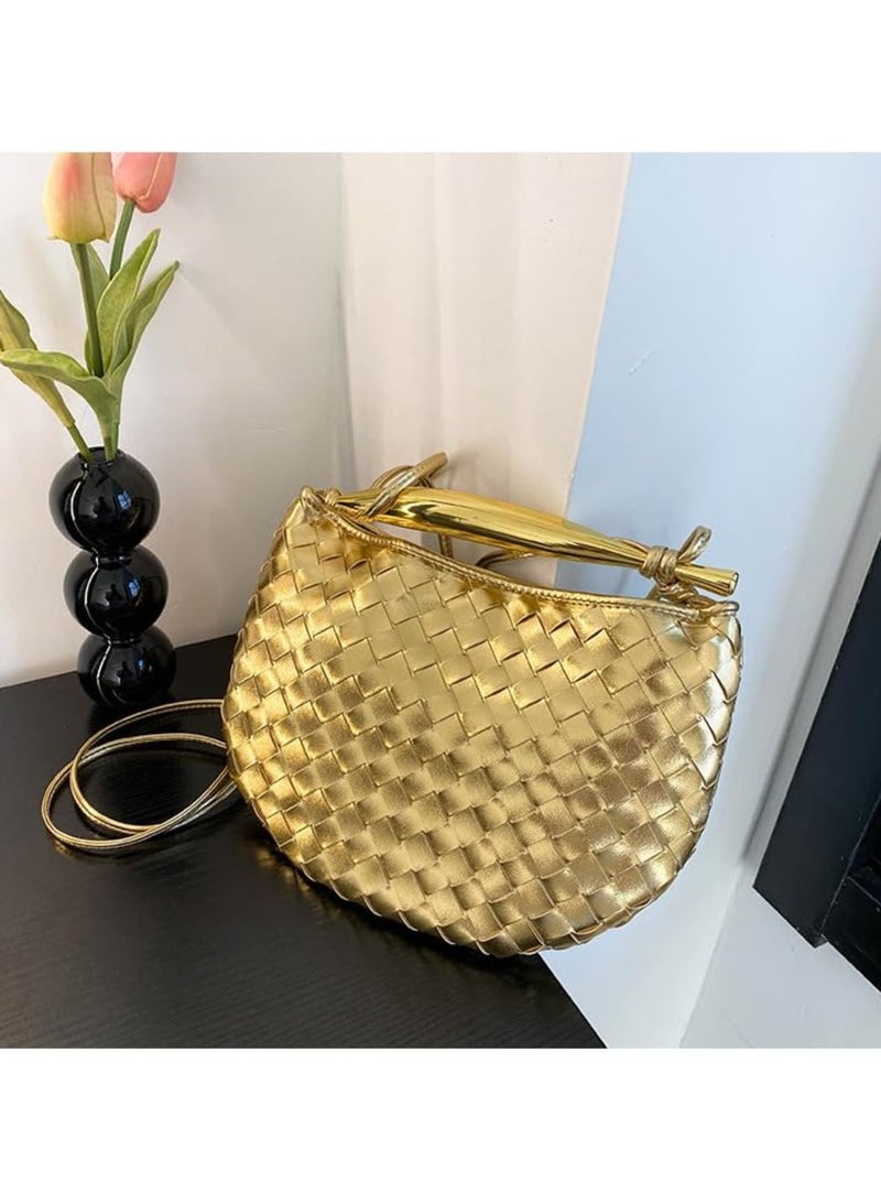 Zikra Woven Handbag,Fashion Leather Handle Clutch Bags Purse Cute Dumpling Bag Small Lightweight Crossbody Bags for Women 2023,Gold - Image 2