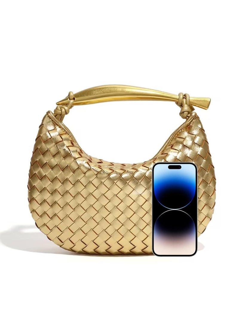 Zikra Woven Handbag,Fashion Leather Handle Clutch Bags Purse Cute Dumpling Bag Small Lightweight Crossbody Bags for Women 2023,Gold - Image 1