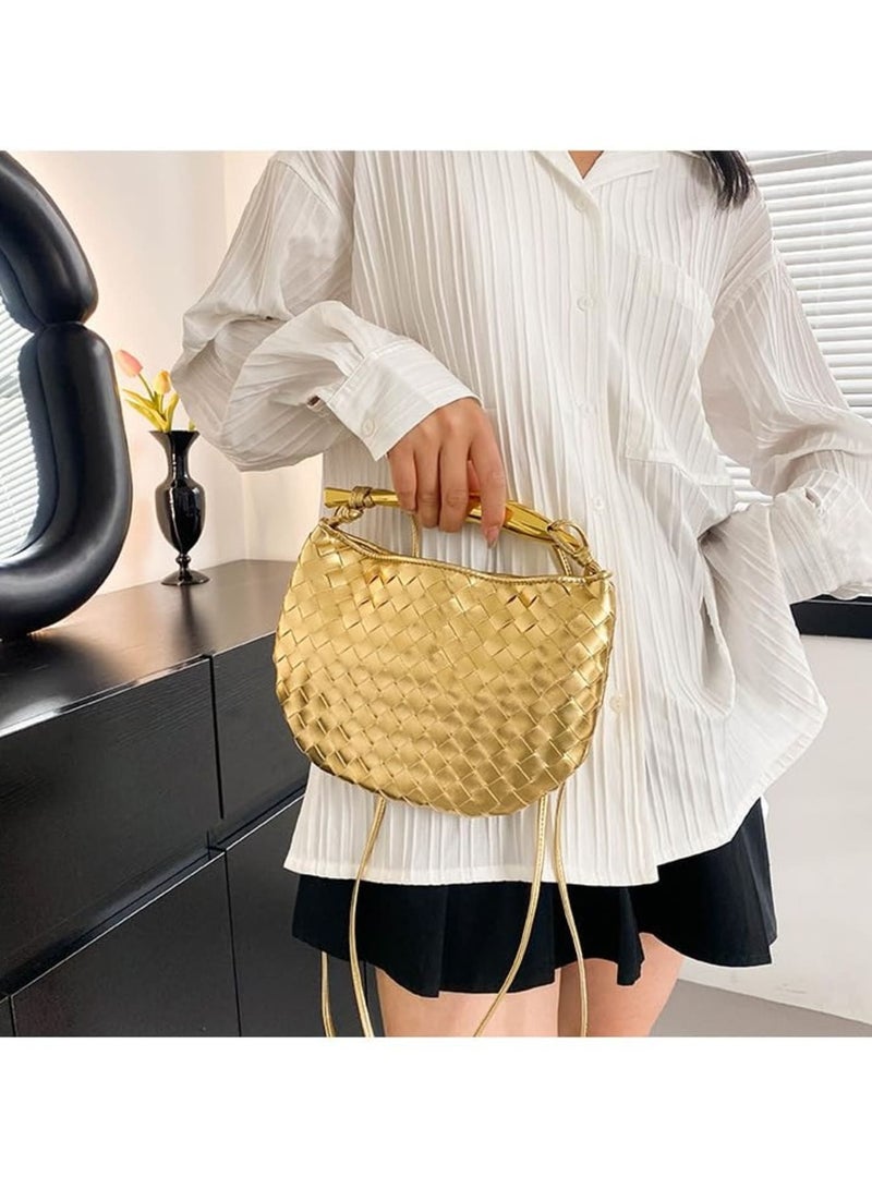 Zikra Woven Handbag,Fashion Leather Handle Clutch Bags Purse Cute Dumpling Bag Small Lightweight Crossbody Bags for Women 2023,Gold - Image 3