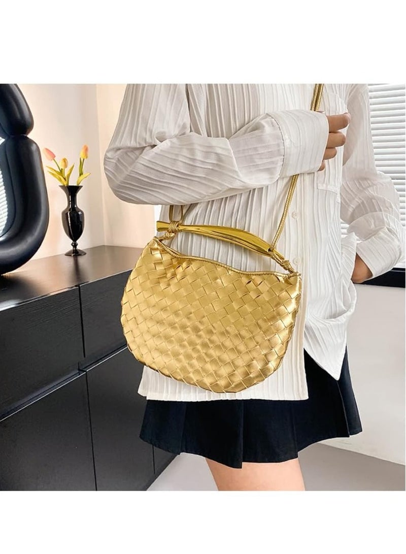 Zikra Woven Handbag,Fashion Leather Handle Clutch Bags Purse Cute Dumpling Bag Small Lightweight Crossbody Bags for Women 2023,Gold - Image 4