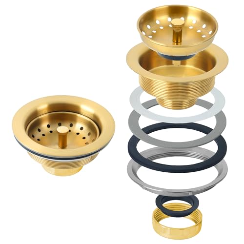 LQS Kitchen Sink Drain Assembly, Sink Drain Basket Strainer 304 Stainless Steel with Removable Sink Strainer Basket and Stopper 3-1/2-inches Gold - Image 3