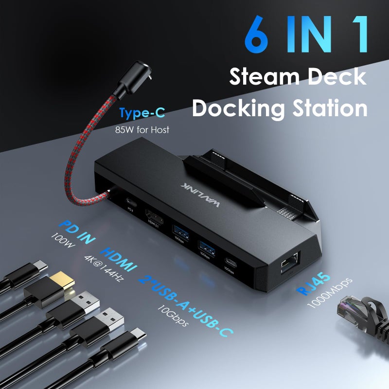 WAVLINK Steam Deck Dock, WAVLINK 6-in-1 Docking Station for Steam Deck/ROG Ally with 4K@144Hz HDMI 2.1, 100W PD in, 3X 10G USB 3.2, Gigabit RJ45 - Image 2