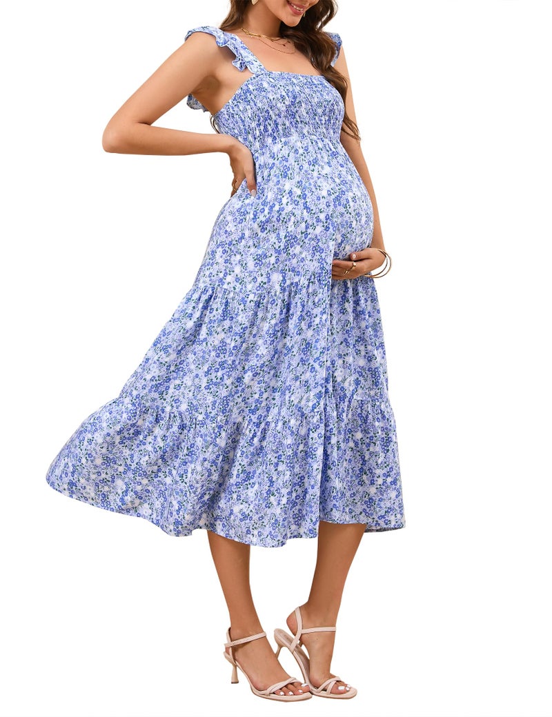 KOJOOIN Womens Maternity Dress Summer Sleeveless Smocked Square Neck Ruffle Casual Boho Midi Dress Baby Shower Photoshoot Blue Flower 2XL - Image 1