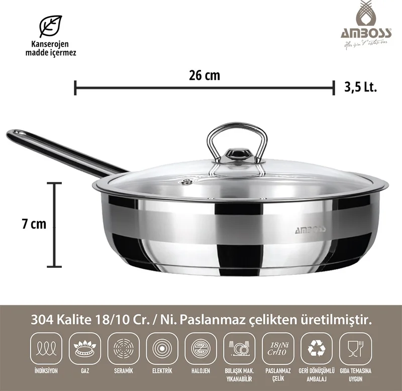 AMBOSS Saphire 26 cm Stainless Steel Induction Compatible Steel Pan with Glass Lid