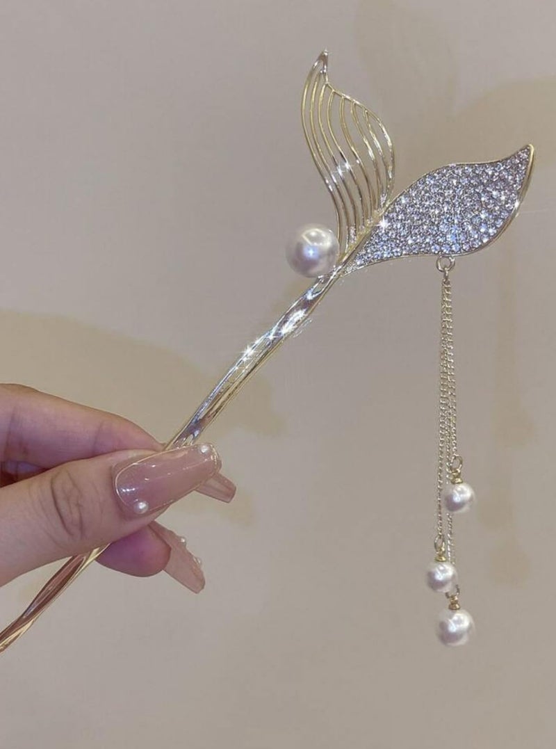 Vsaksh 1Pcs, Pearl Decor Fishtail Shape Hairpin Alloy Hair Stick Chimes Hair Stick for Bun Stick for Women & Girls Hair Accessories - Image 2