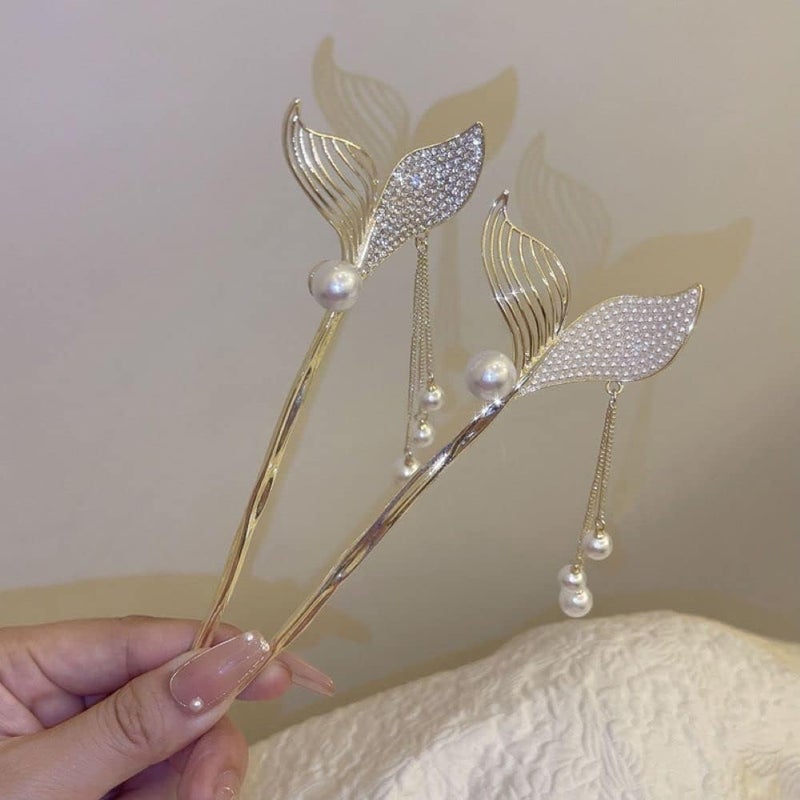 Vsaksh 1Pcs, Pearl Decor Fishtail Shape Hairpin Alloy Hair Stick Chimes Hair Stick for Bun Stick for Women & Girls Hair Accessories - Image 5