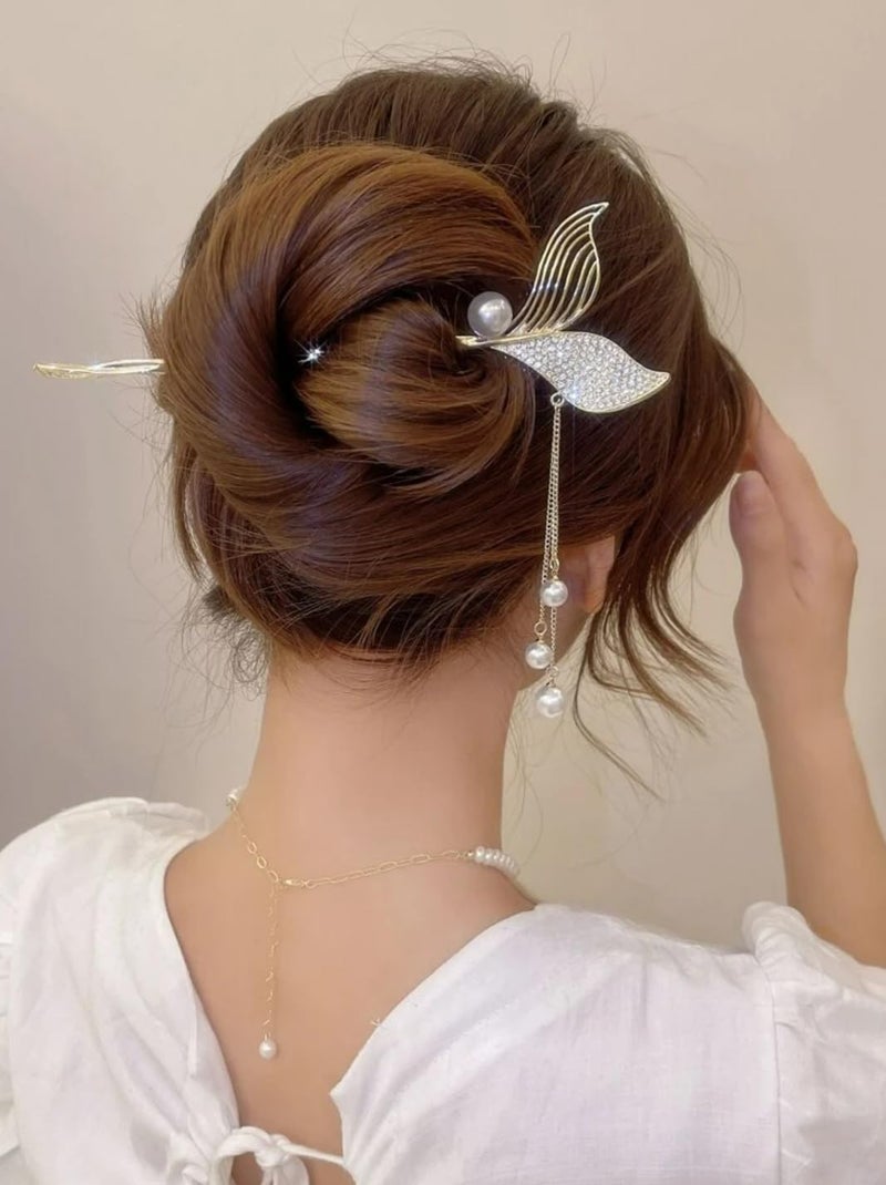 Vsaksh 1Pcs, Pearl Decor Fishtail Shape Hairpin Alloy Hair Stick Chimes Hair Stick for Bun Stick for Women & Girls Hair Accessories - Image 1