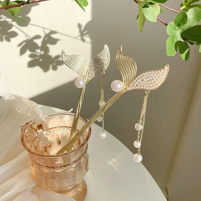 Vsaksh 1Pcs, Pearl Decor Fishtail Shape Hairpin Alloy Hair Stick Chimes Hair Stick for Bun Stick for Women & Girls Hair Accessories - Image 3