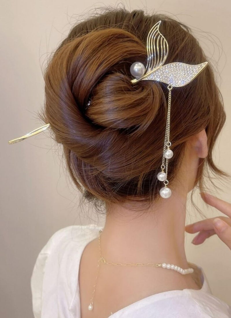Vsaksh 1Pcs, Pearl Decor Fishtail Shape Hairpin Alloy Hair Stick Chimes Hair Stick for Bun Stick for Women & Girls Hair Accessories - Image 4