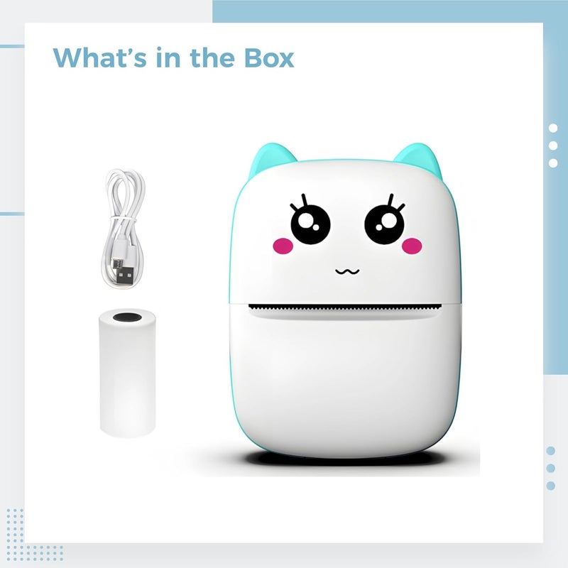 طابعة صغيرة لاسلكية بدون حبر، جهاز طباعة حراري مناسب للطلاب بتصميم قط، مع كابل USB ولفافة ورق، أزرق - Image 4