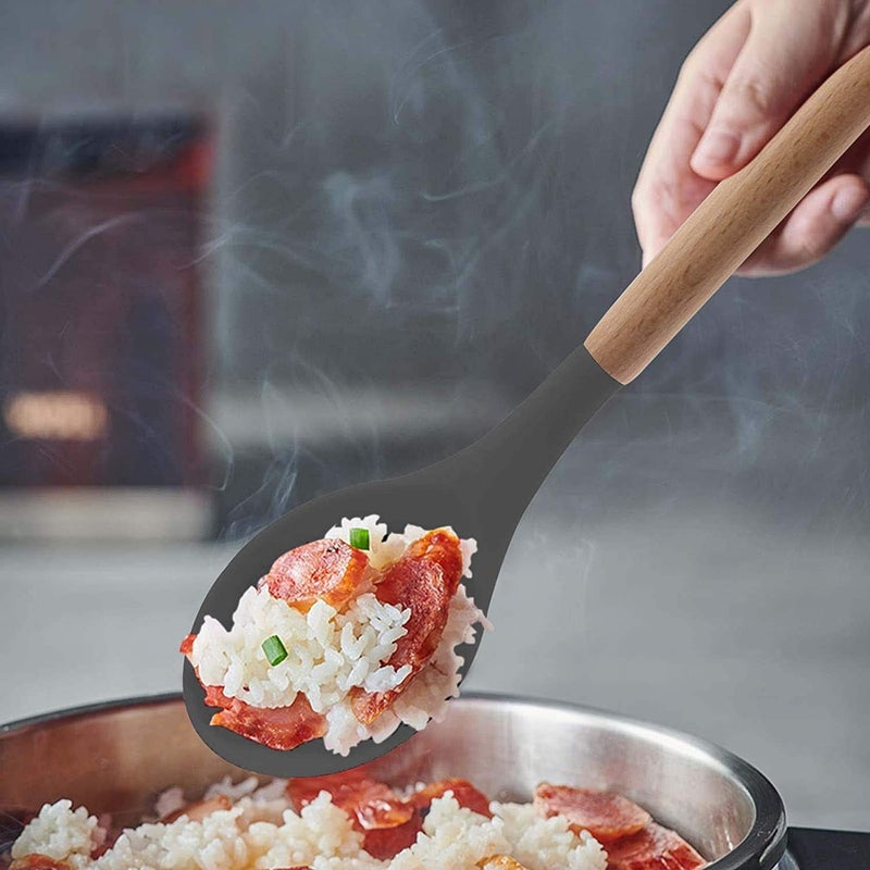 P plus fire Set of 5 Piece Silicone spatulas Cooking Utensil Set with Natural Acacia Hard Wood HandleWOODEN5APPLUS Grey - Image 4